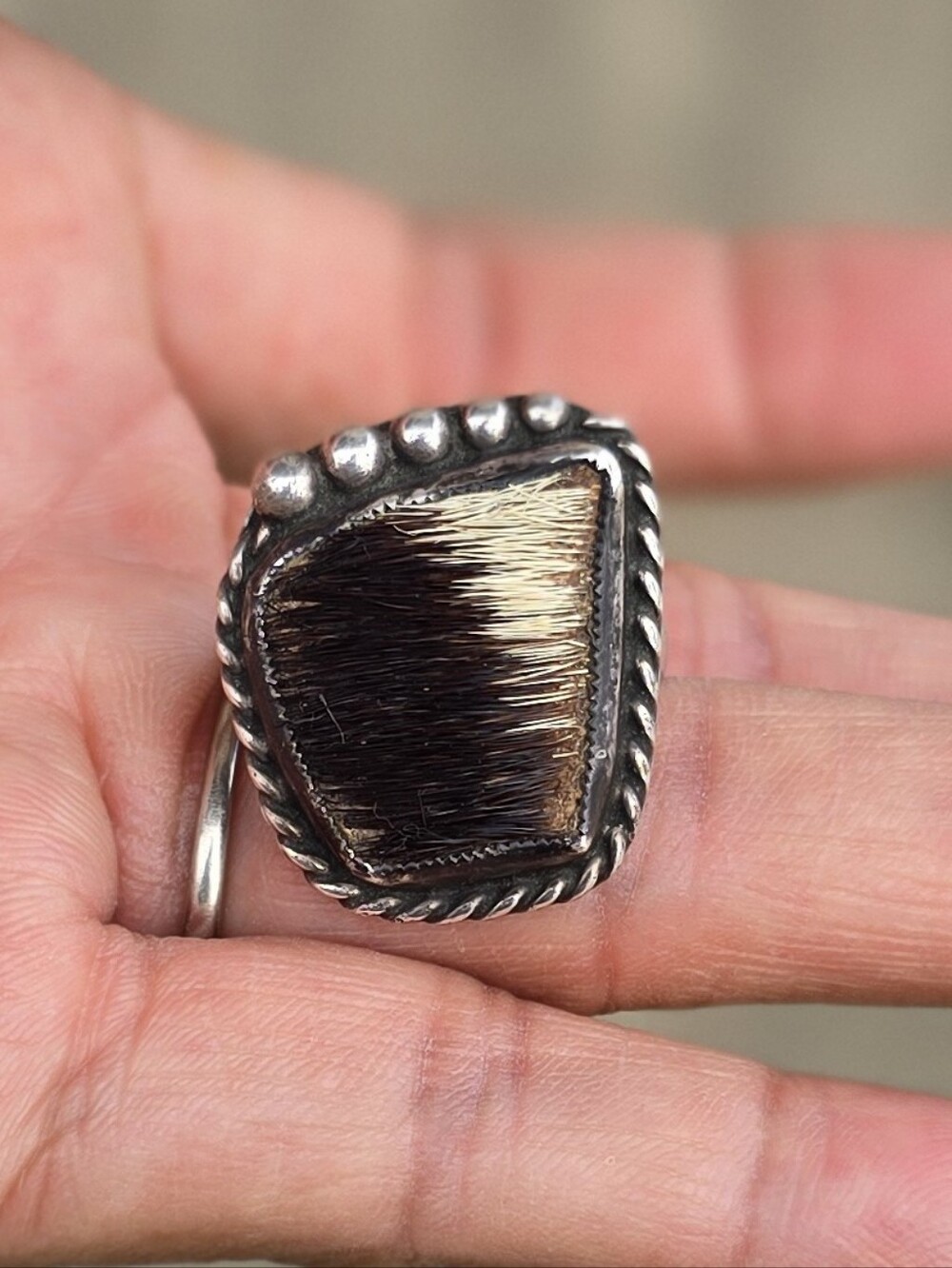 RARE striking hair-on-hide Southwestern Western rope border beads sterling ring